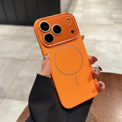 Litchi Pattern Leather Texture Magnetic Adhesive Case for Iphone 17 Pro Max/16/15/14/13 Transparent Mirror Surface Shock Protection Ultra-Thin Wireless Black Smartphone Protective