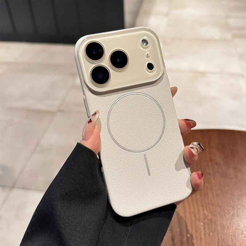 Litchi Pattern Leather Texture Magnetic Adhesive Case for Iphone 17 Pro Max/16/15/14/13 Transparent Mirror Surface Shock Protection Ultra-Thin Wireless Black Smartphone Protective